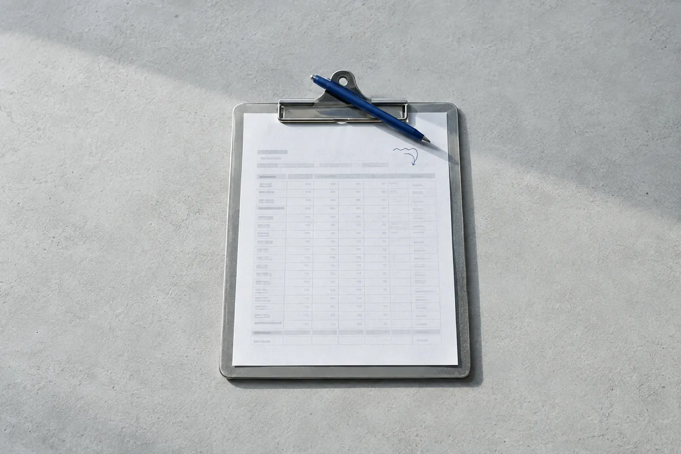 A silver medical clipboard holding a grid-patterned sheet of paper with a blue stylus pen resting on the clip.