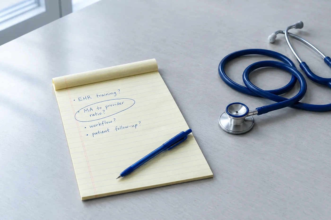A stethoscope lies next to a notepad with handwritten questions about clinic ratios and training, preparing for an interview.