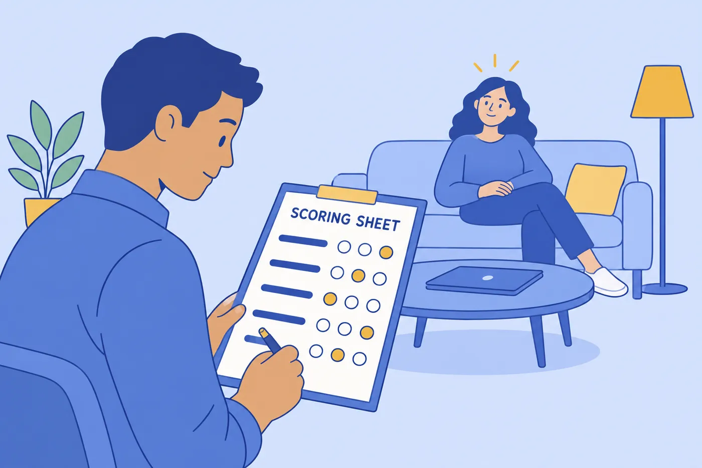 A man fills out a scoring sheet with five criteria after running a mock interview with a friend in a living room.