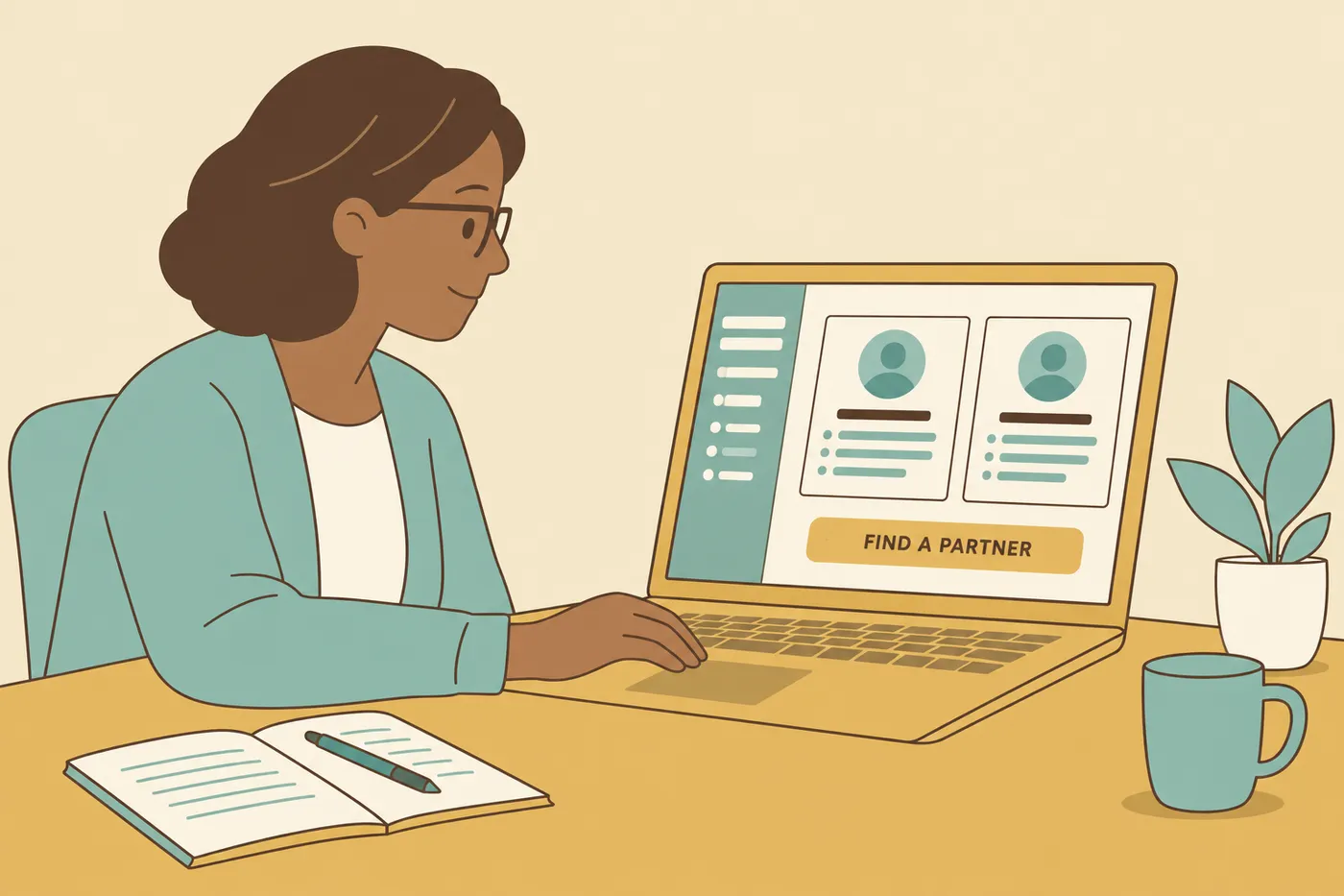 A job seeker in her fifties uses an online platform to find a mock interview partner.