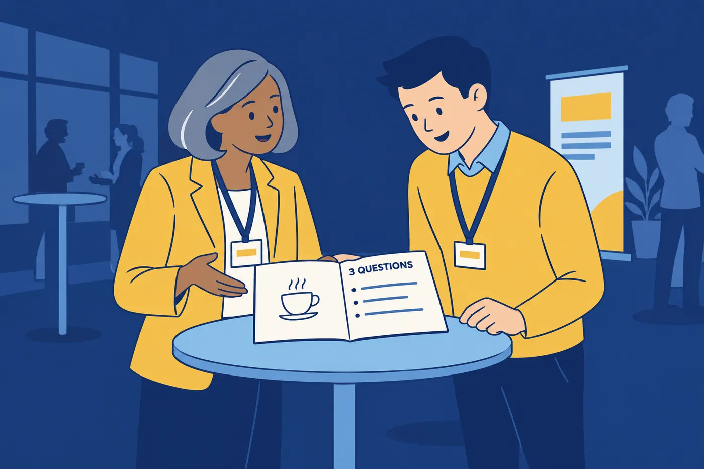 An attendee shares a notebook with three pre-written questions at a networking event, overcoming the dread of small talk.