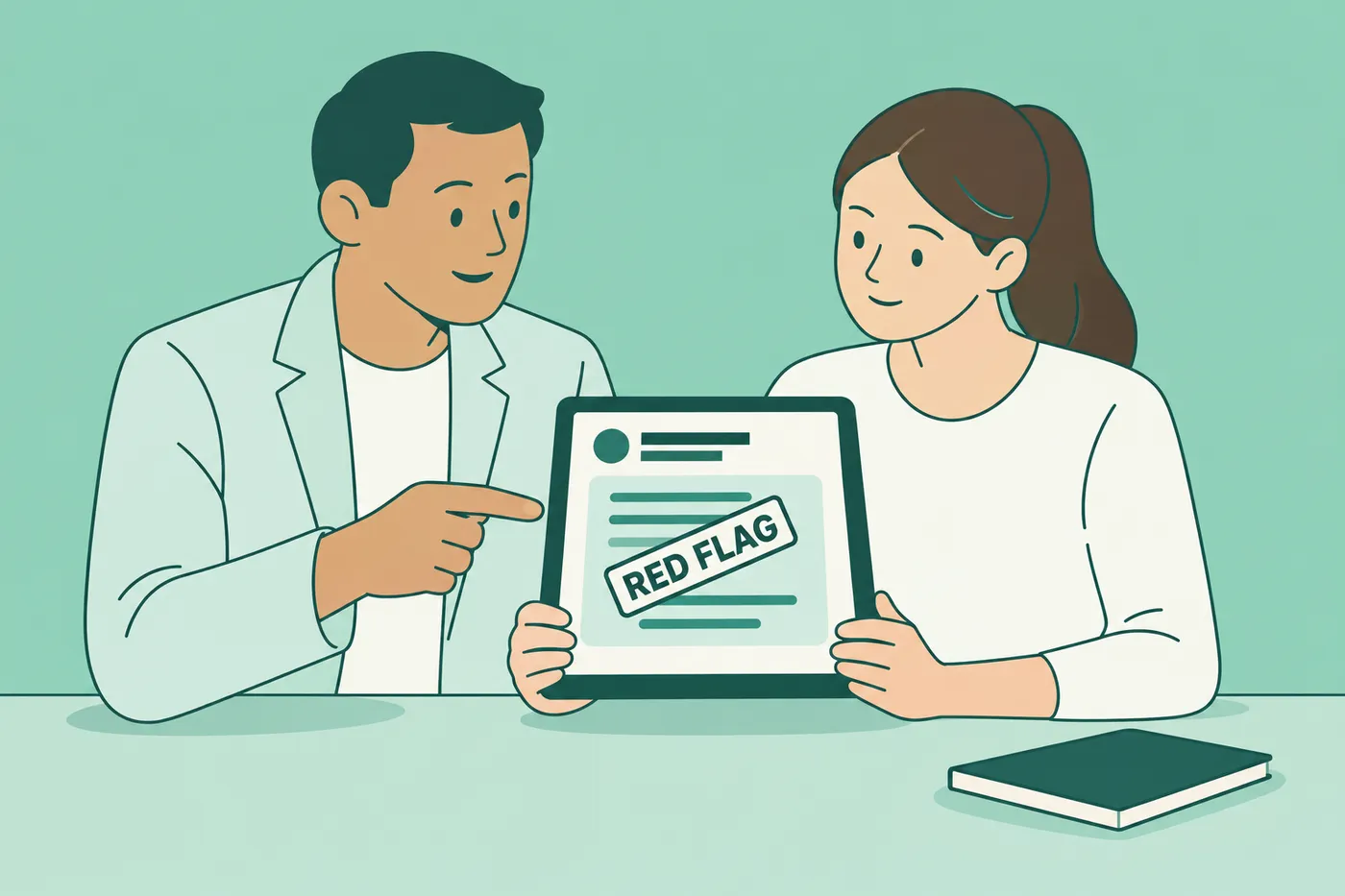 A mentor points out a red flag on a message displayed on a tablet, for an article on networking outreach mistakes.