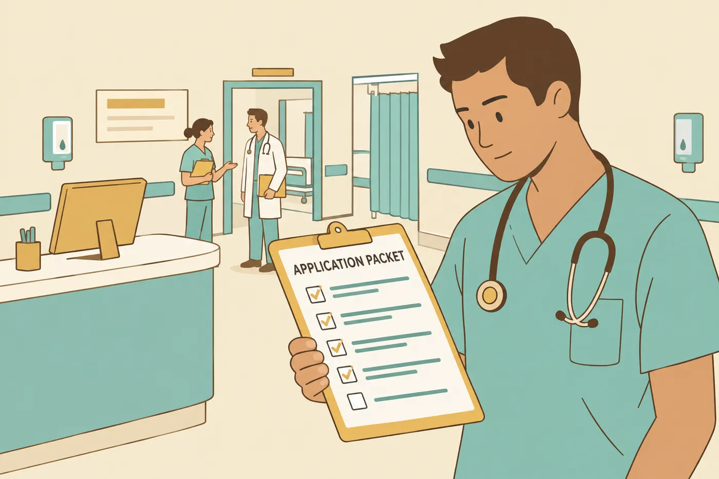 A male nurse in scrubs reviews an application packet checklist on a clipboard at a hospital station.
