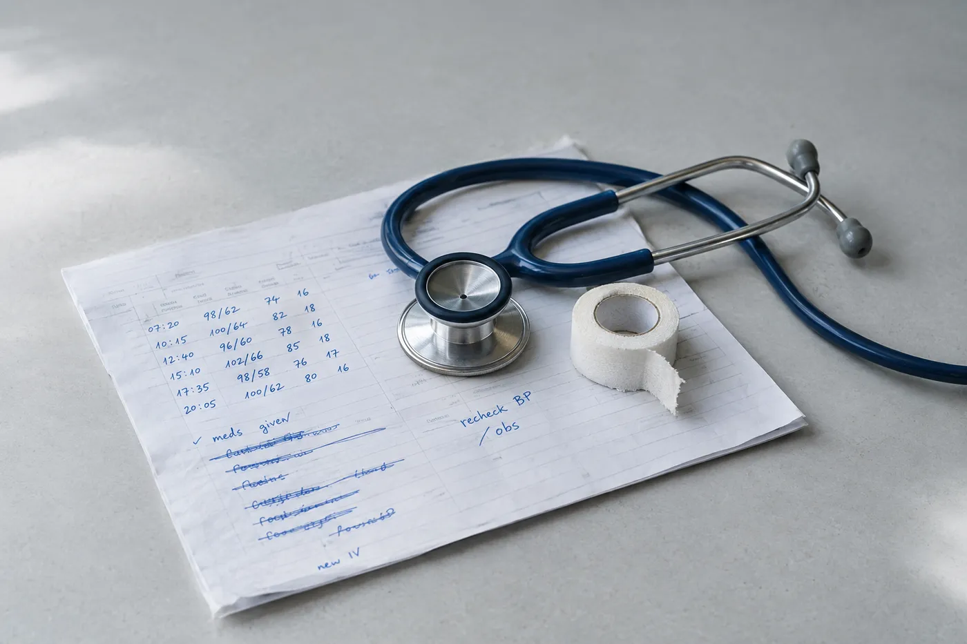 A stethoscope and handwritten patient shift sheet on a desk, representing real clinical nursing experience.