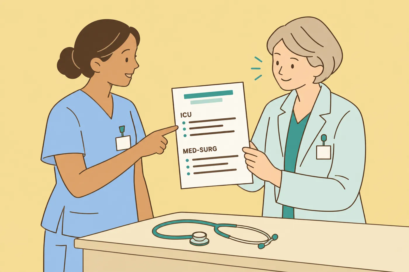 A young nurse and a manager review a nursing resume organized into ICU and Med-Surg experience sections.