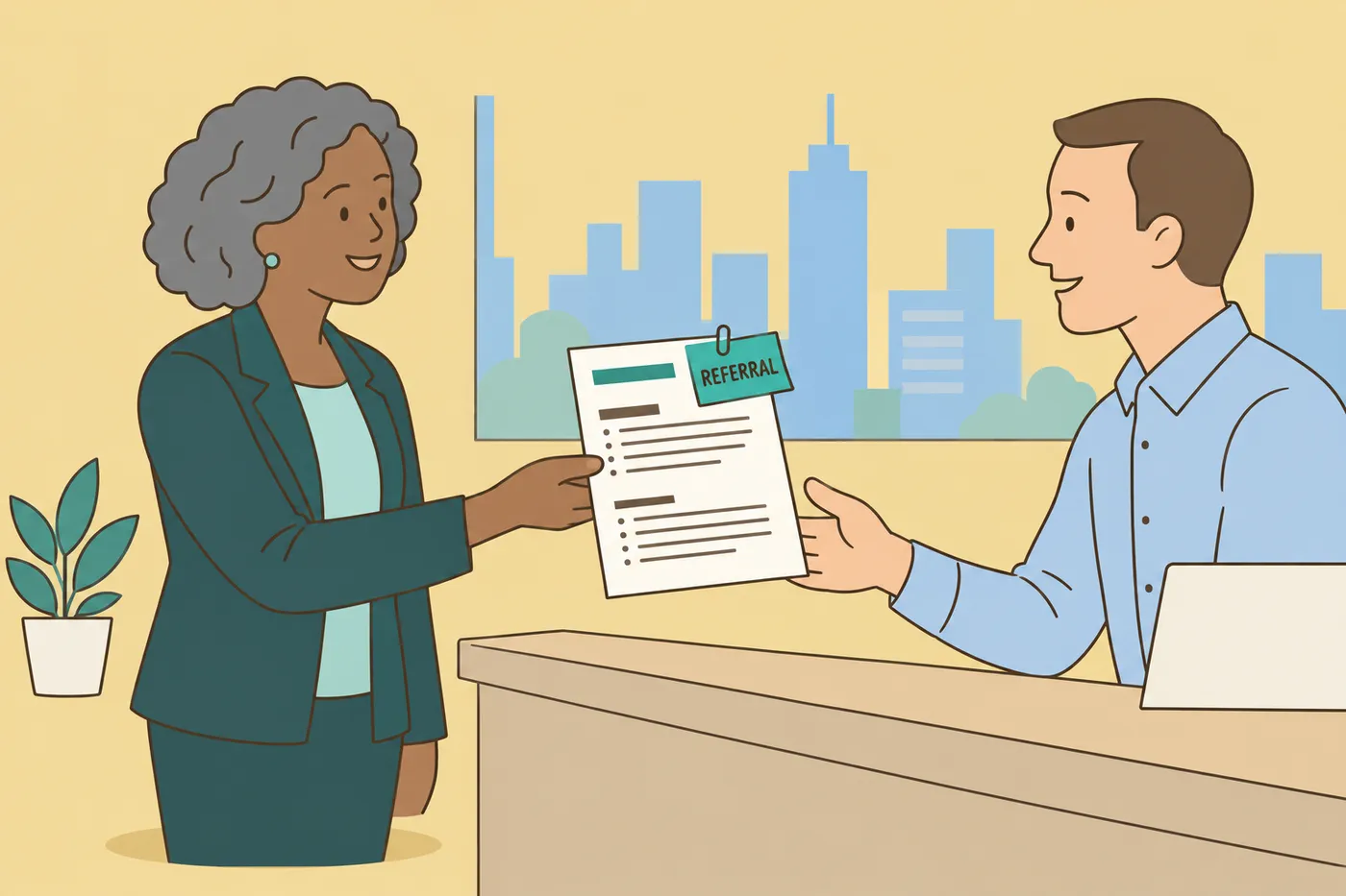A job candidate hands a resume marked with a referral slip directly to a hiring manager, illustrating direct networking.