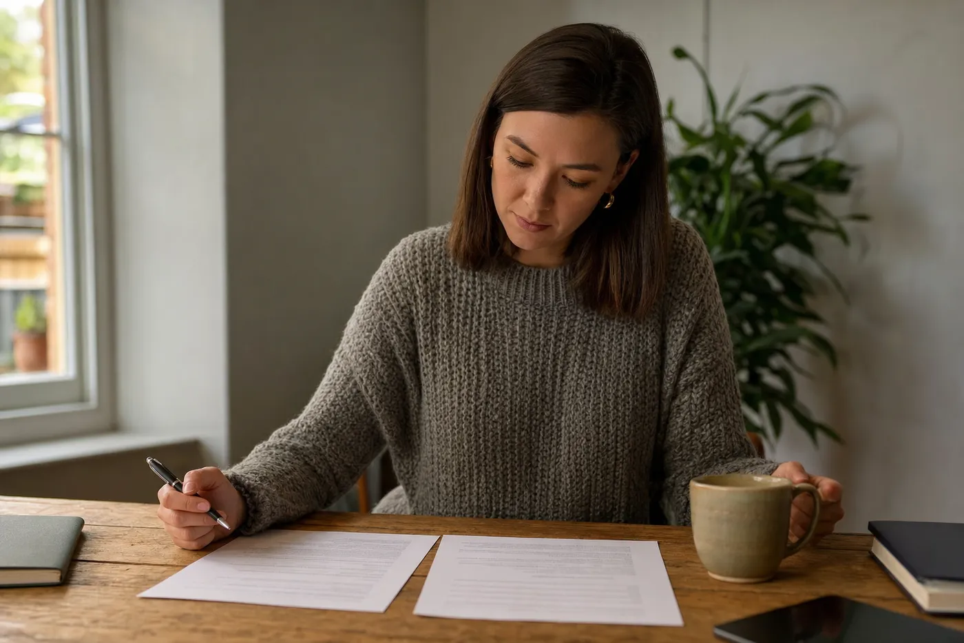 A professional thoughtfully reviewing and comparing two resume drafts at a sunlit wooden table.