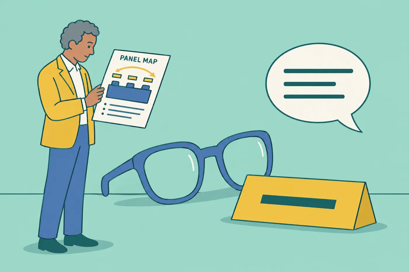 A candidate holds a panel map beside giant eyeglasses and a nameplate, illustrating how to address a panel interview.