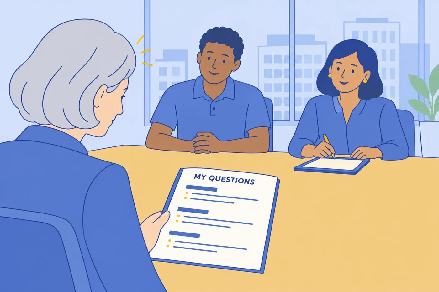 A candidate refers to a list of questions during an in-person panel interview with two corporate interviewers.