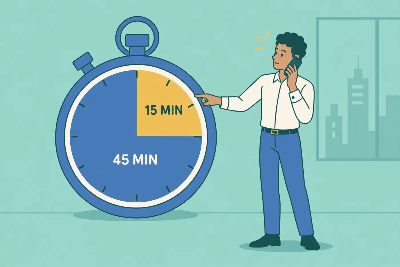 A man compares interview lengths using a giant stopwatch with 15-minute and 45-minute zones.