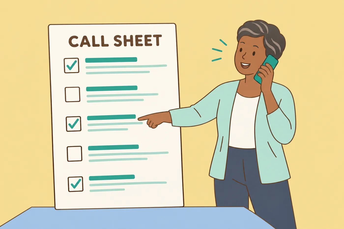 A job seeker references a giant phone interview call sheet checklist while speaking on her smartphone.