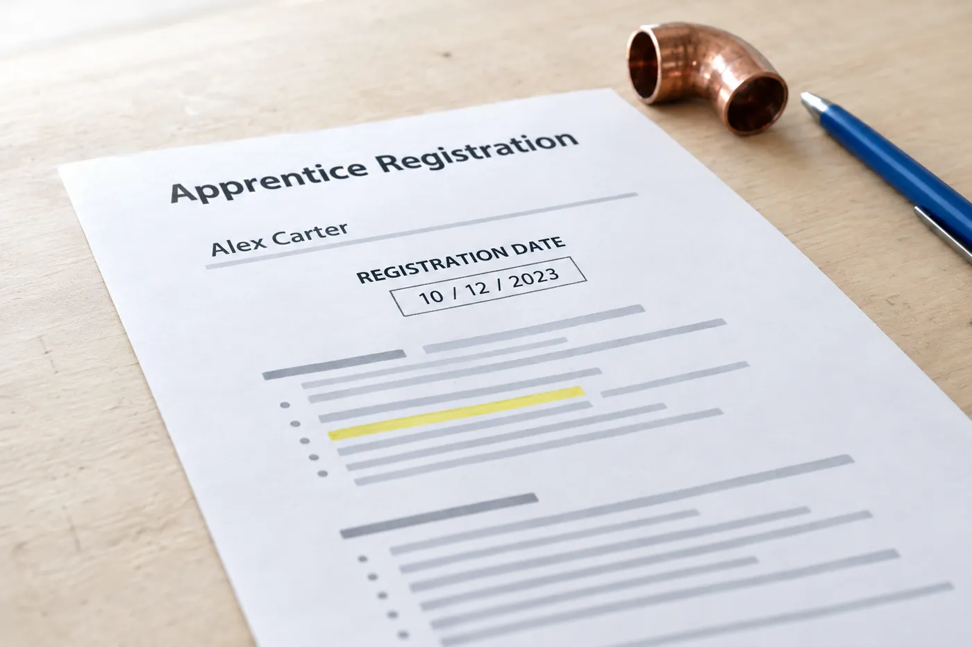 A plumbing apprentice registration document with the registration date highlighted on a wooden work surface.