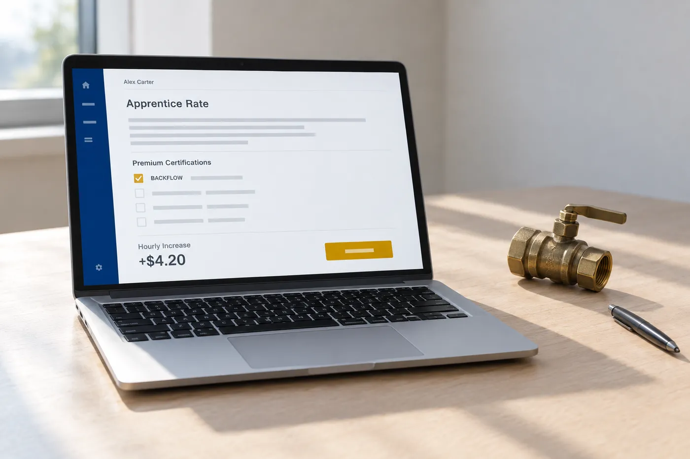 A laptop screen showing a plumbing apprentice rate calculator with a backflow certification pay bump, for an article on certifications.