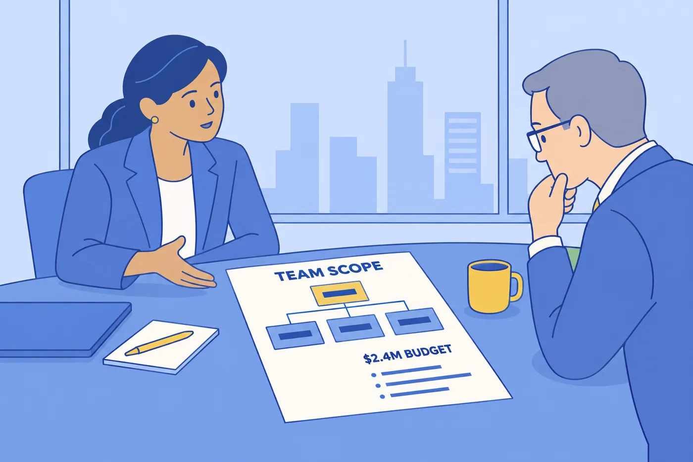 A senior job candidate and interviewer discuss team structure and budget using an organizational chart document.