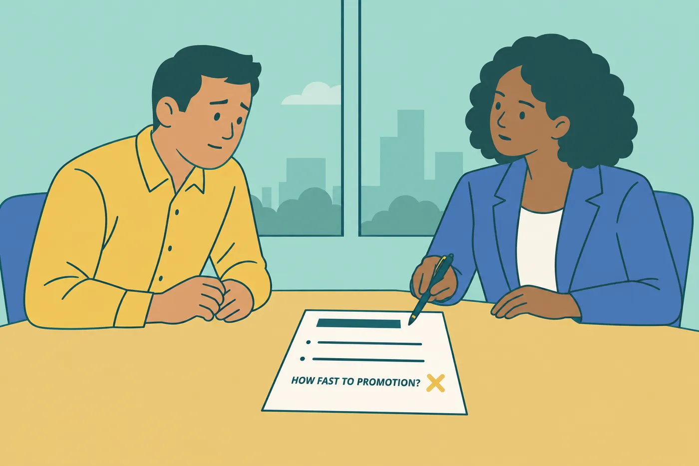 An interviewer points to a notepad showing 'How fast to promotion?' during an interview, illustrating a costly question mistake.