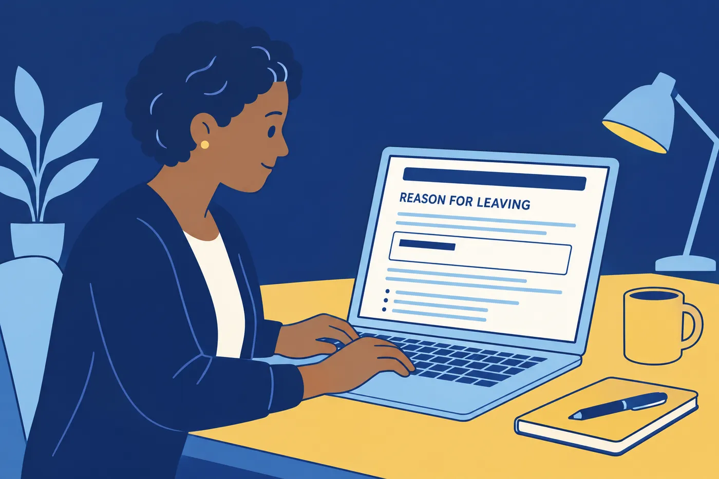 A woman fills out the 'Reason for Leaving' field on a job application, for an article on explaining tough career moves.