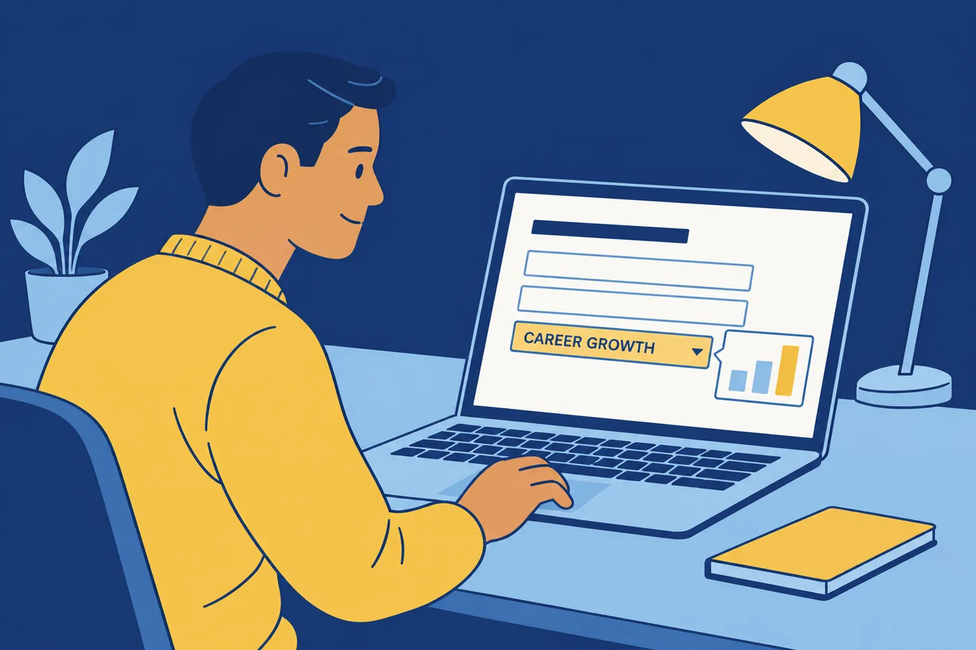 A man reviews a job application screen showing 'Career Growth' as his reason for leaving.