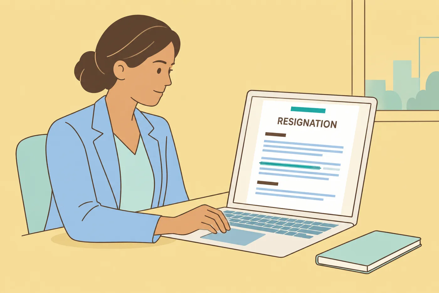 A woman drafts a resignation letter on her laptop, deleting a line of text to keep her new competitor job details private.
