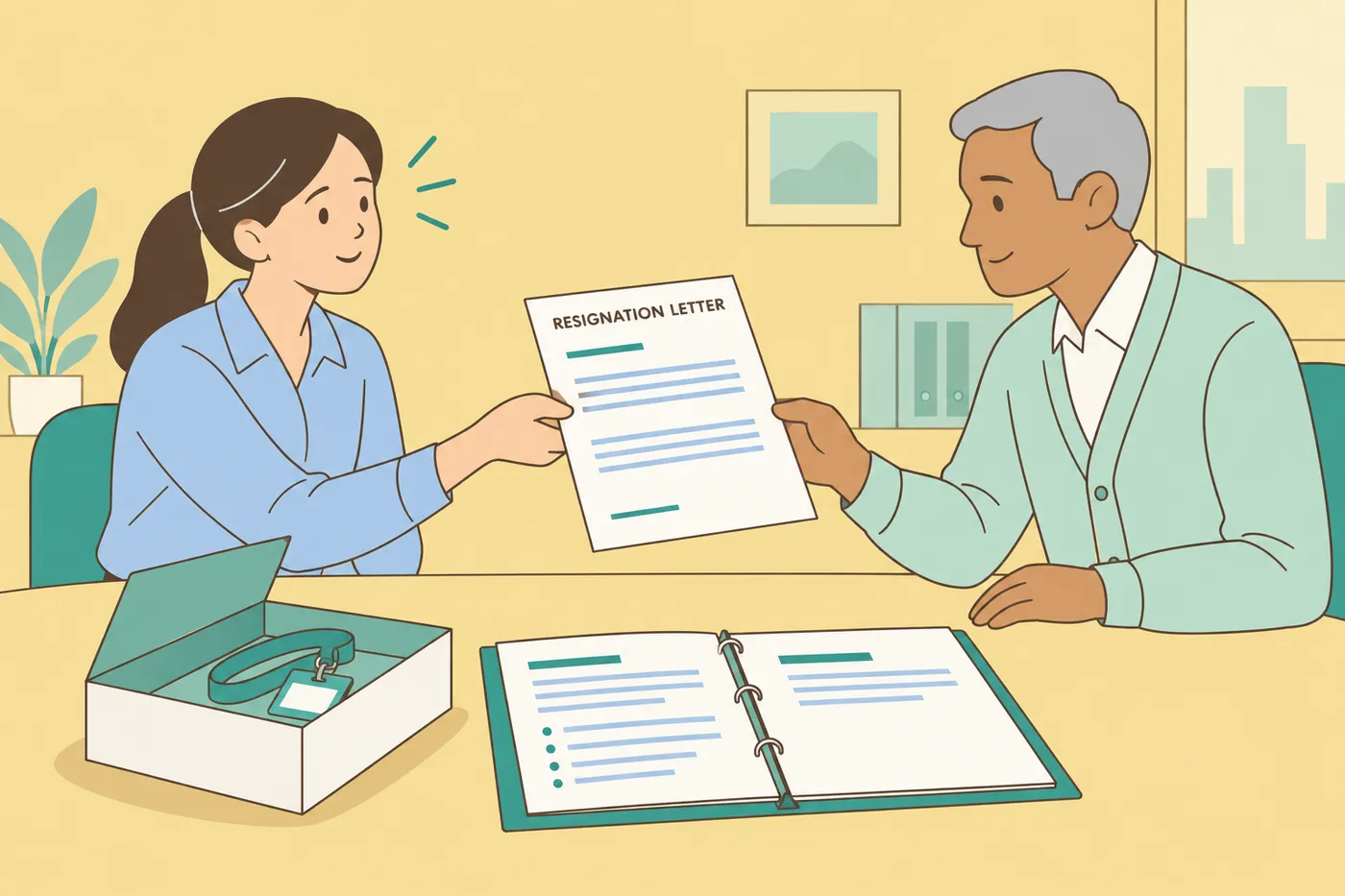 A newly hired employee apologetically hands a resignation letter to her manager over a half-unpacked welcome box.