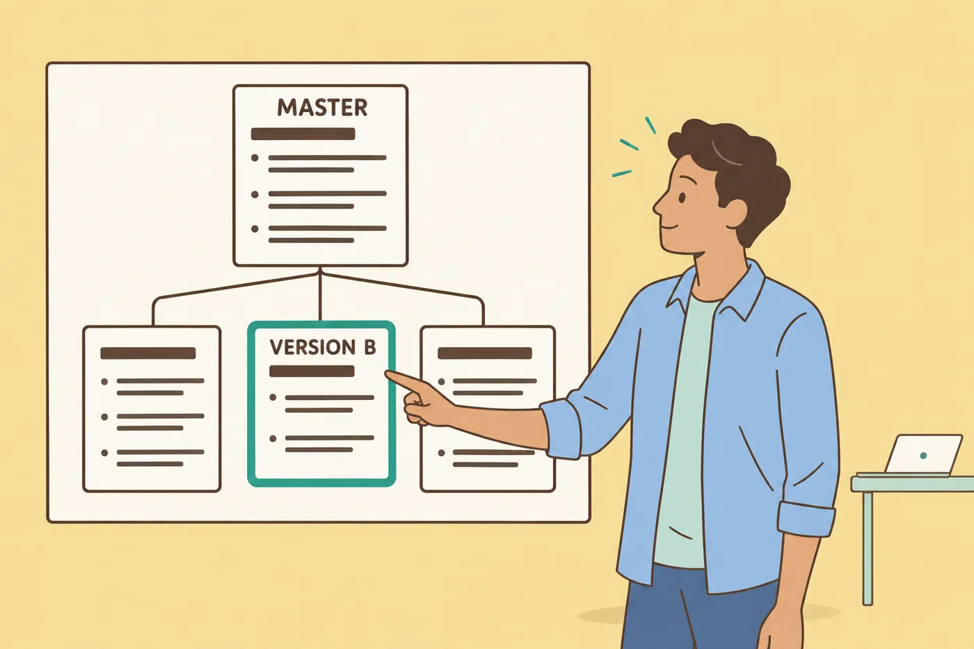 A man with olive skin points to a giant branching diagram showing a master resume split into tailored versions.