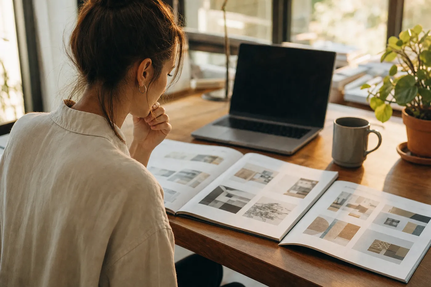 A professional thoughtfully compares two different resume folders at a sunlit wooden desk, organizing their application versions.