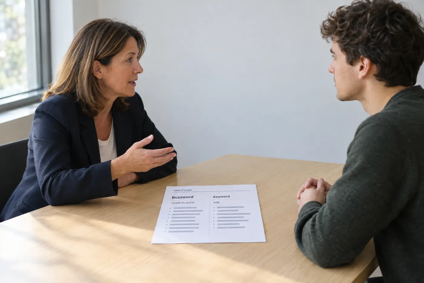 A recruiter and candidate discussing a printed page comparing the buzzword TEAM PLAYER with the keyword SQL.