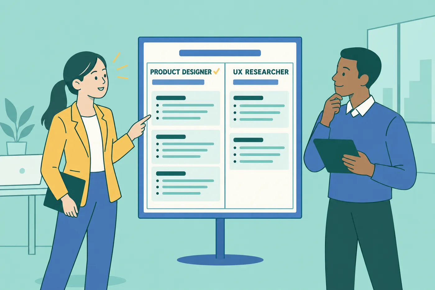 A job seeker and counselor review two tailored resume drafts for different target roles on a workspace screen.