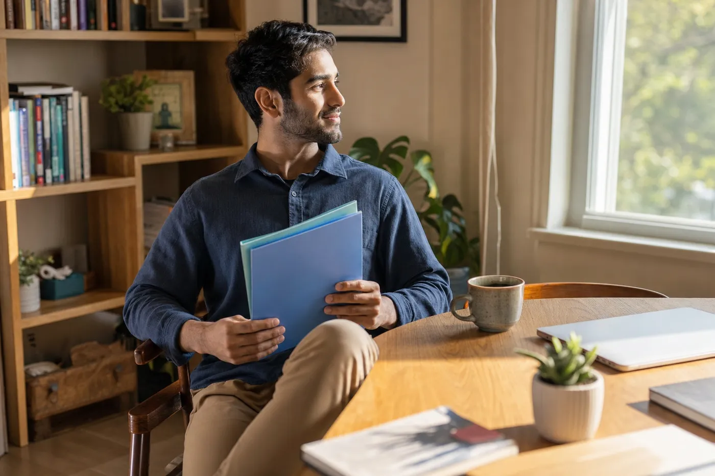 A relaxed professional organizing folders at a sunlit desk, representing managing multiple target job applications.