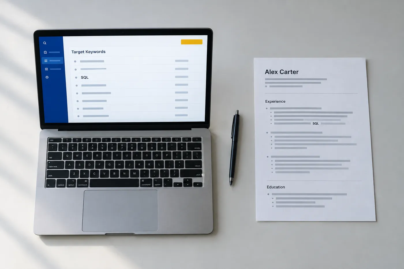 A laptop screen showing a missing SQL keyword next to a printed resume with SQL added to an experience bullet.