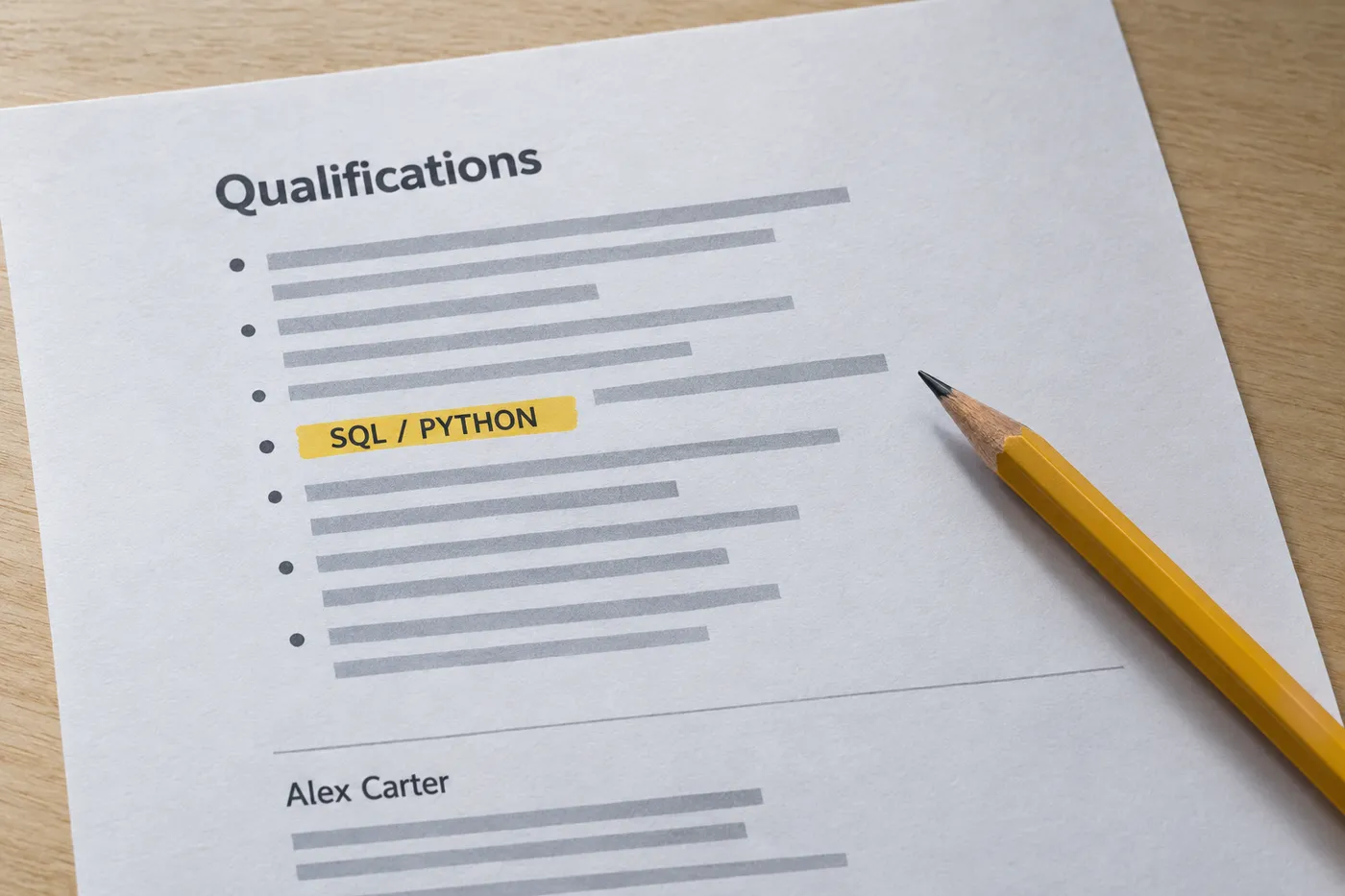 A highlighted 'SQL / Python' keyword under a qualifications heading on a printed job description, illustrating exact keyword matching.