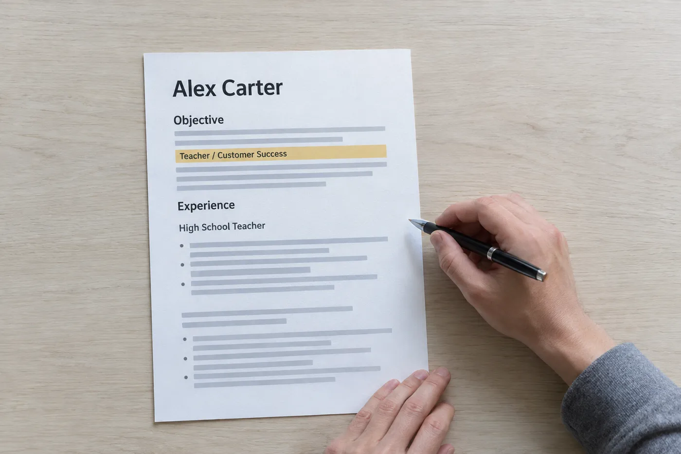 Hands holding a pen over a career-change resume highlighting a transition from teacher to customer success.
