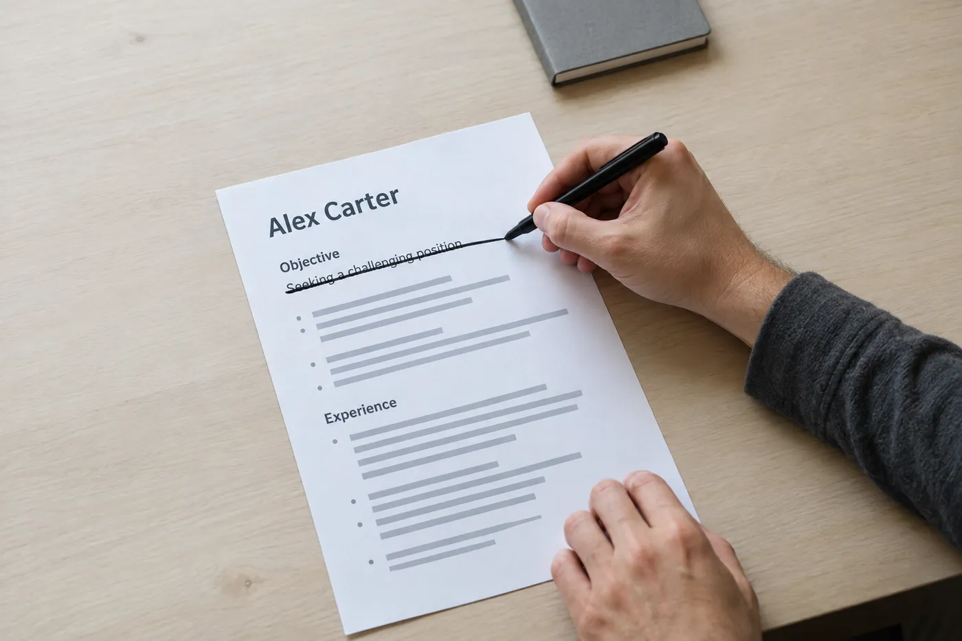 A hand crossing out the dated phrase 'Seeking a challenging position' on a printed resume, illustrating what makes an objective outdated.