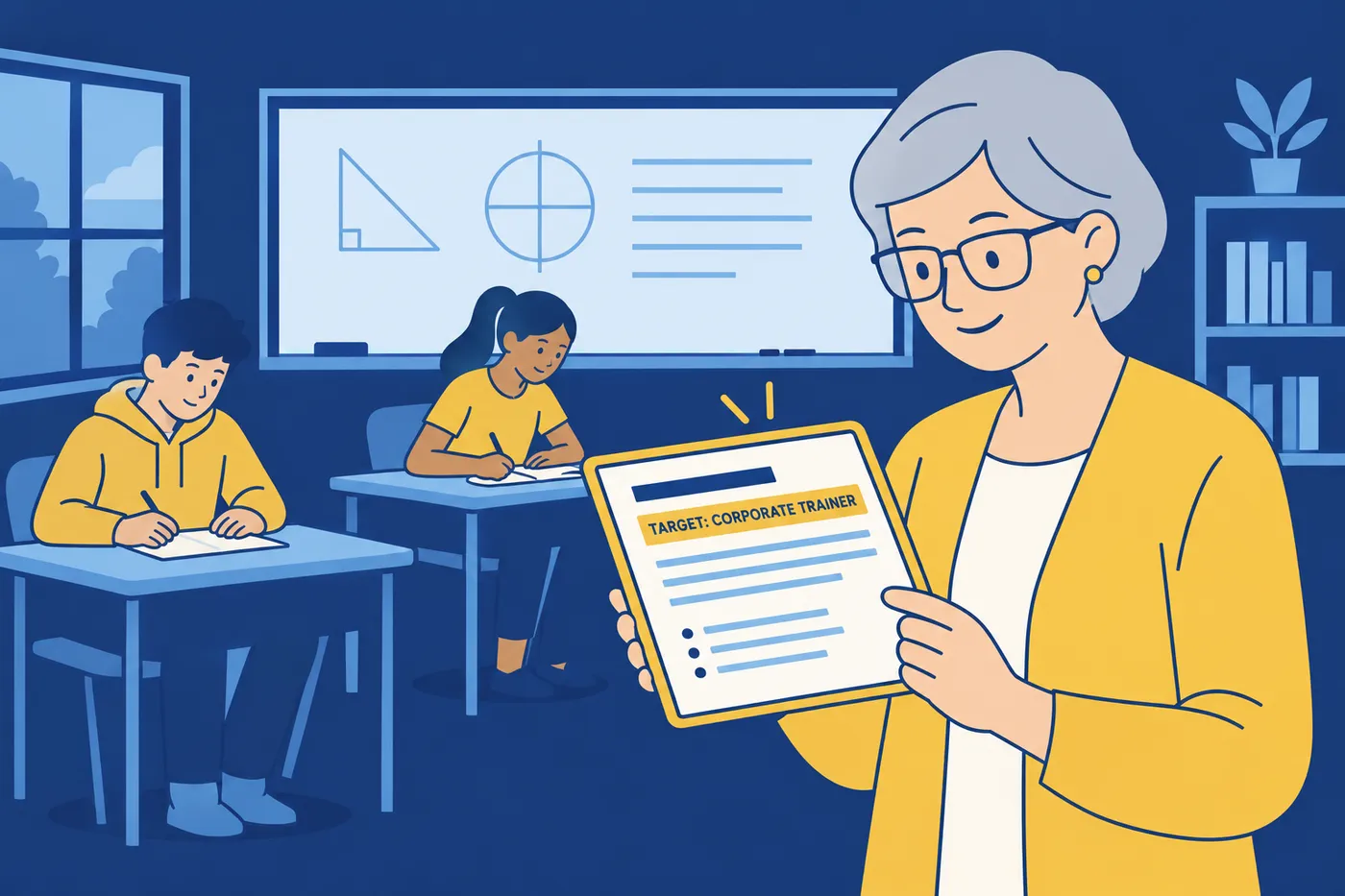 A high school teacher in her classroom looks at her tablet showing a resume objective targeting a corporate trainer role.