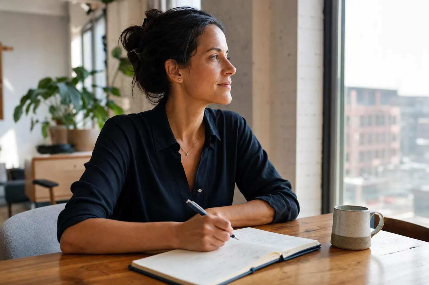 A professional looks thoughtfully out a window while planning a career change, representing a fresh professional start.