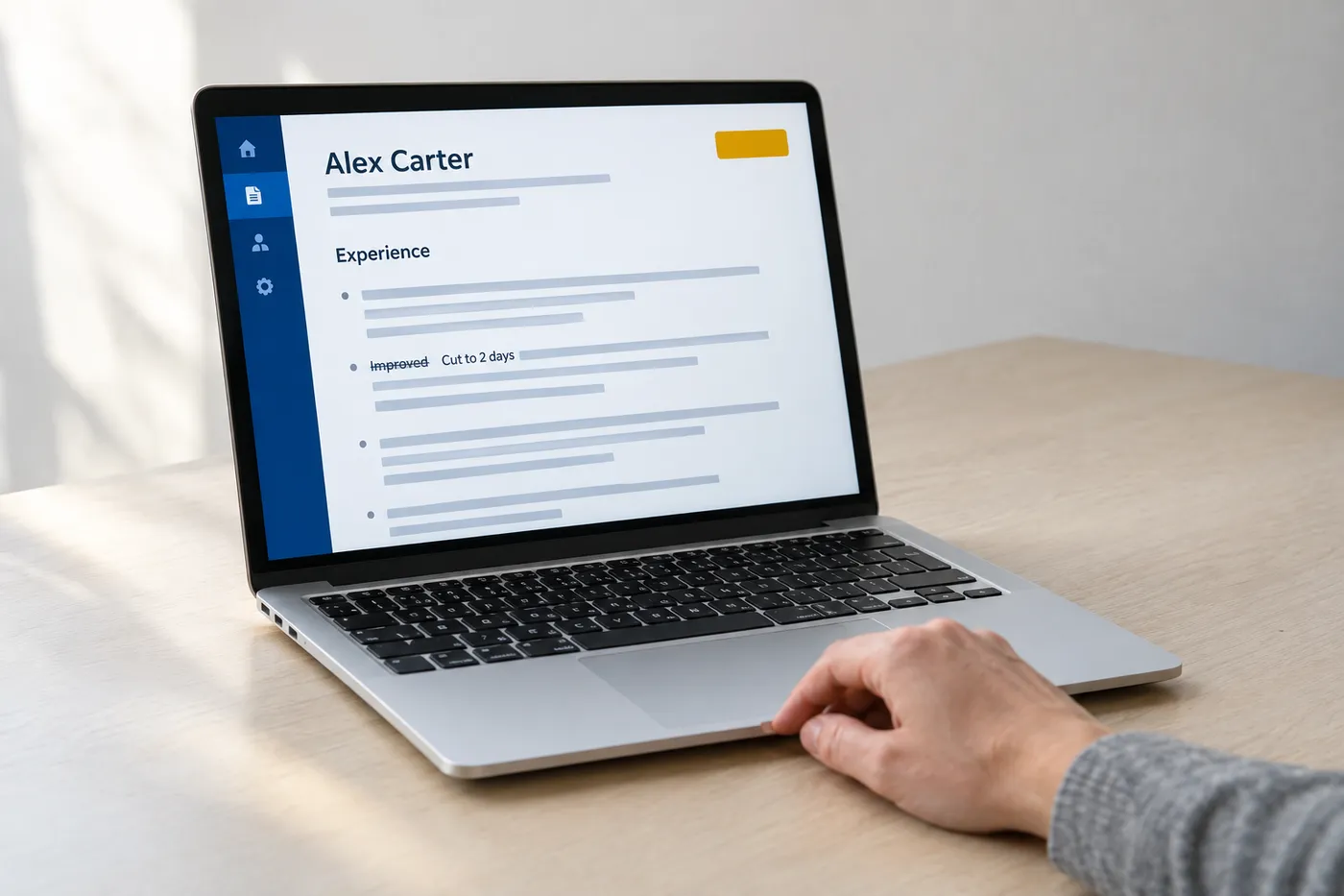 A resume editor on a laptop screen showing the word Improved crossed out and replaced with Cut to 2 days.