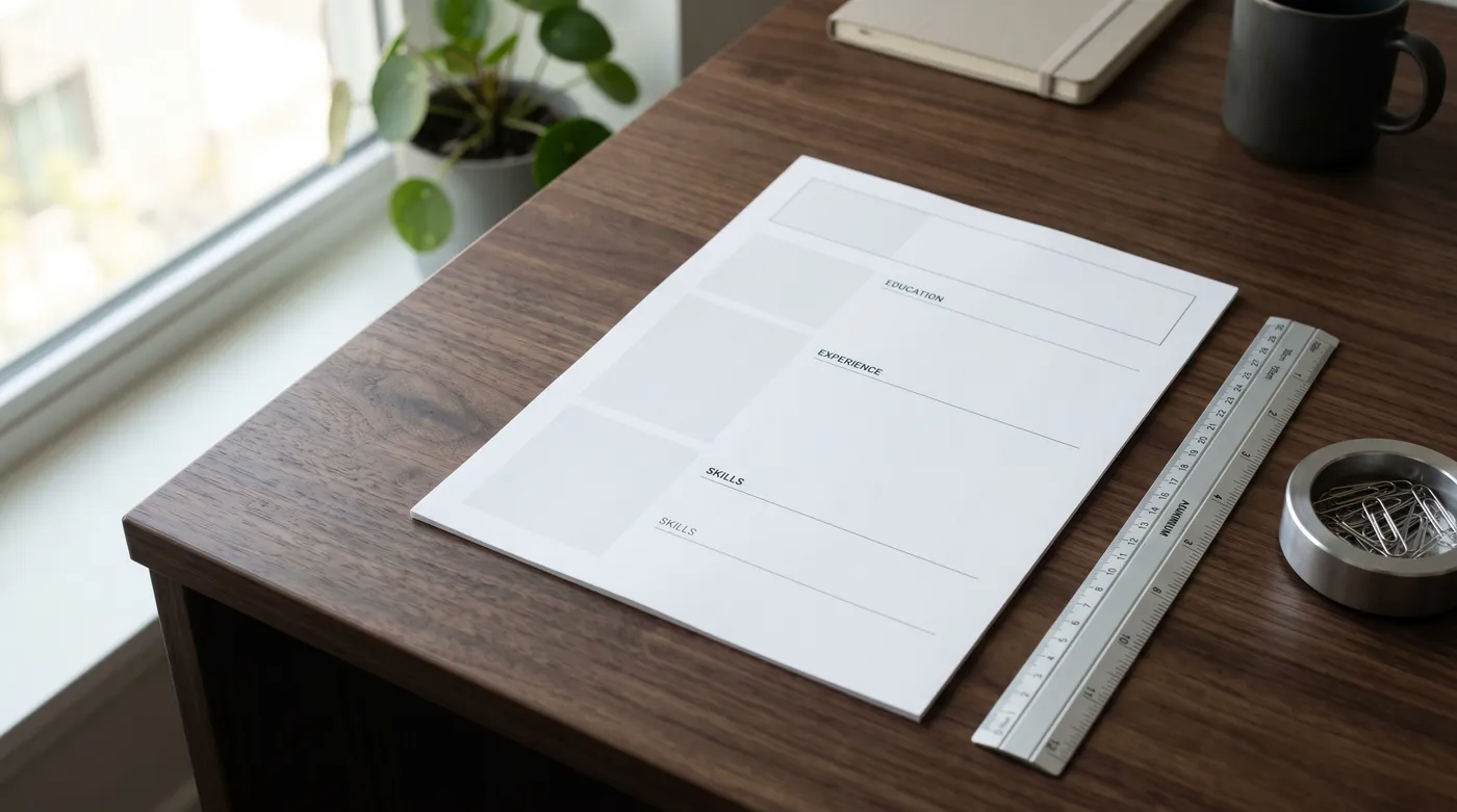 A structured, blank resume laid out on a dark wood desk next to a metal ruler under soft morning light.