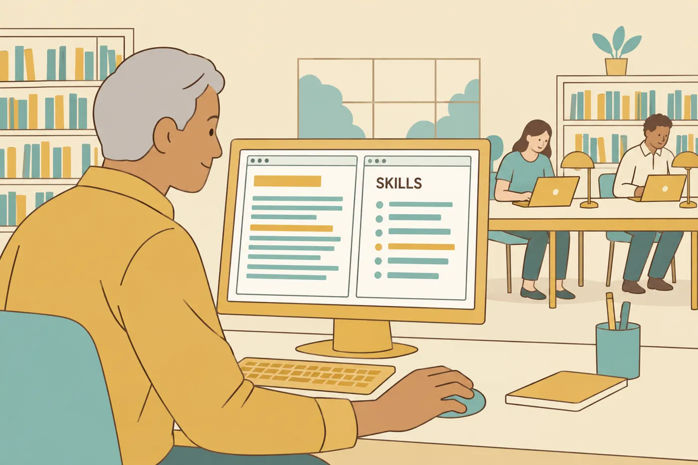 A man at a desk tailors his resume on a split monitor, matching his skills section to a job description.