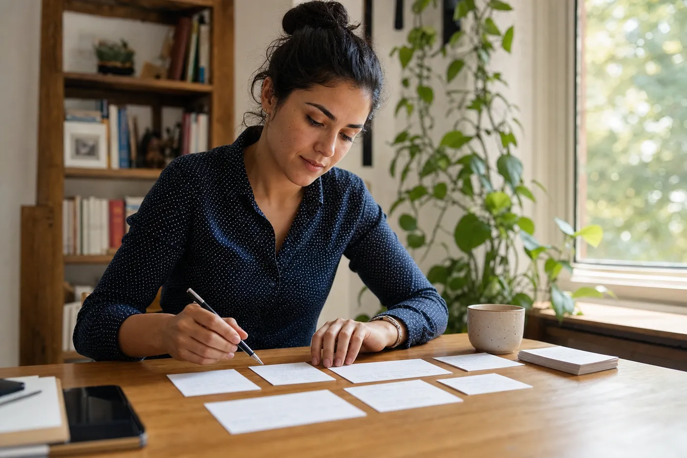 A professional curating index cards at a sunlit desk, representing how to customize resume skills.