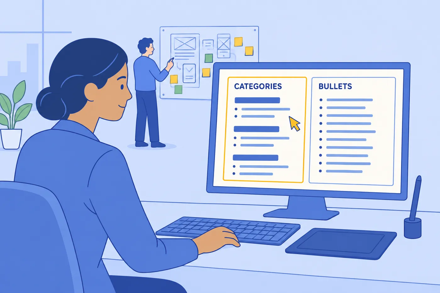 A UX designer compares category and bulleted list formats for a resume skills section on her monitor.