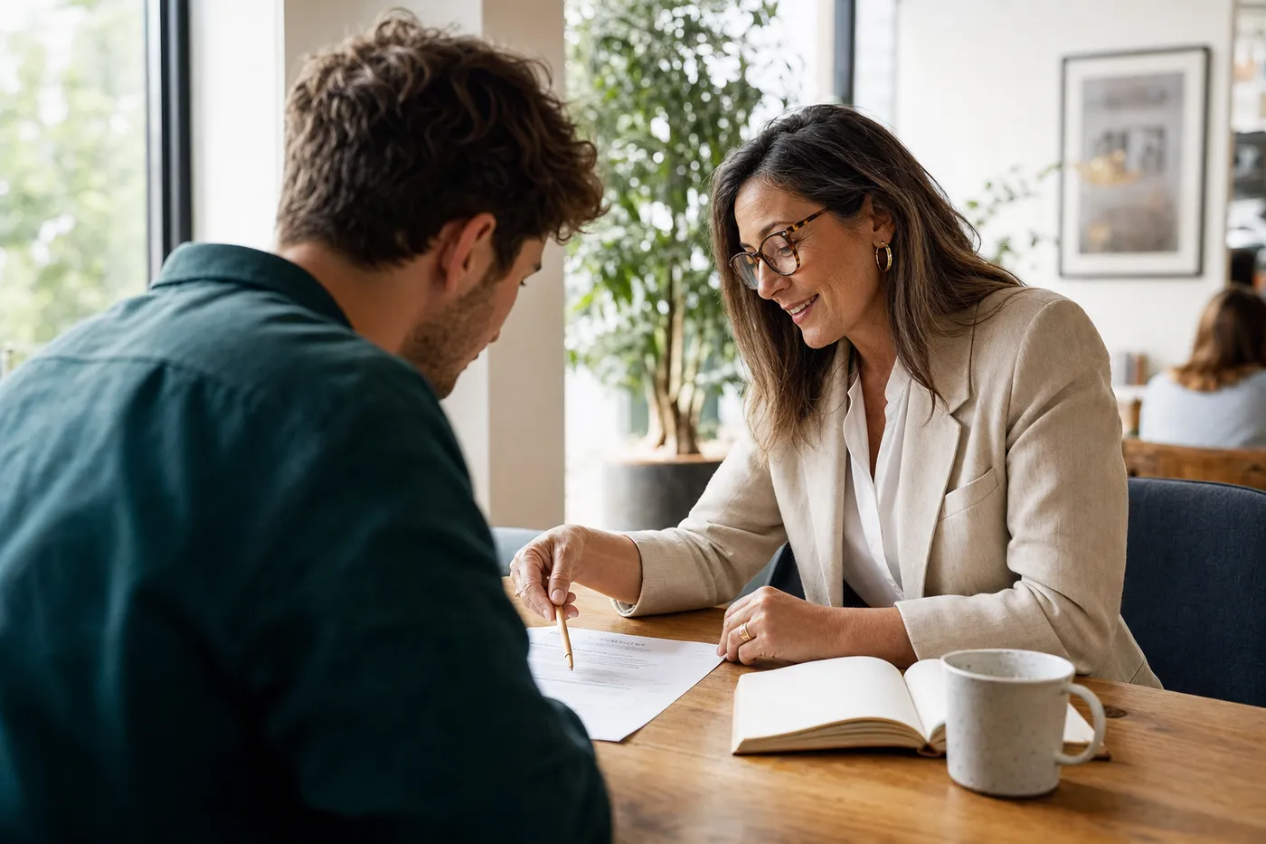 A career mentor and job seeker collaborate at a wooden table to organize and format a resume's skills section.