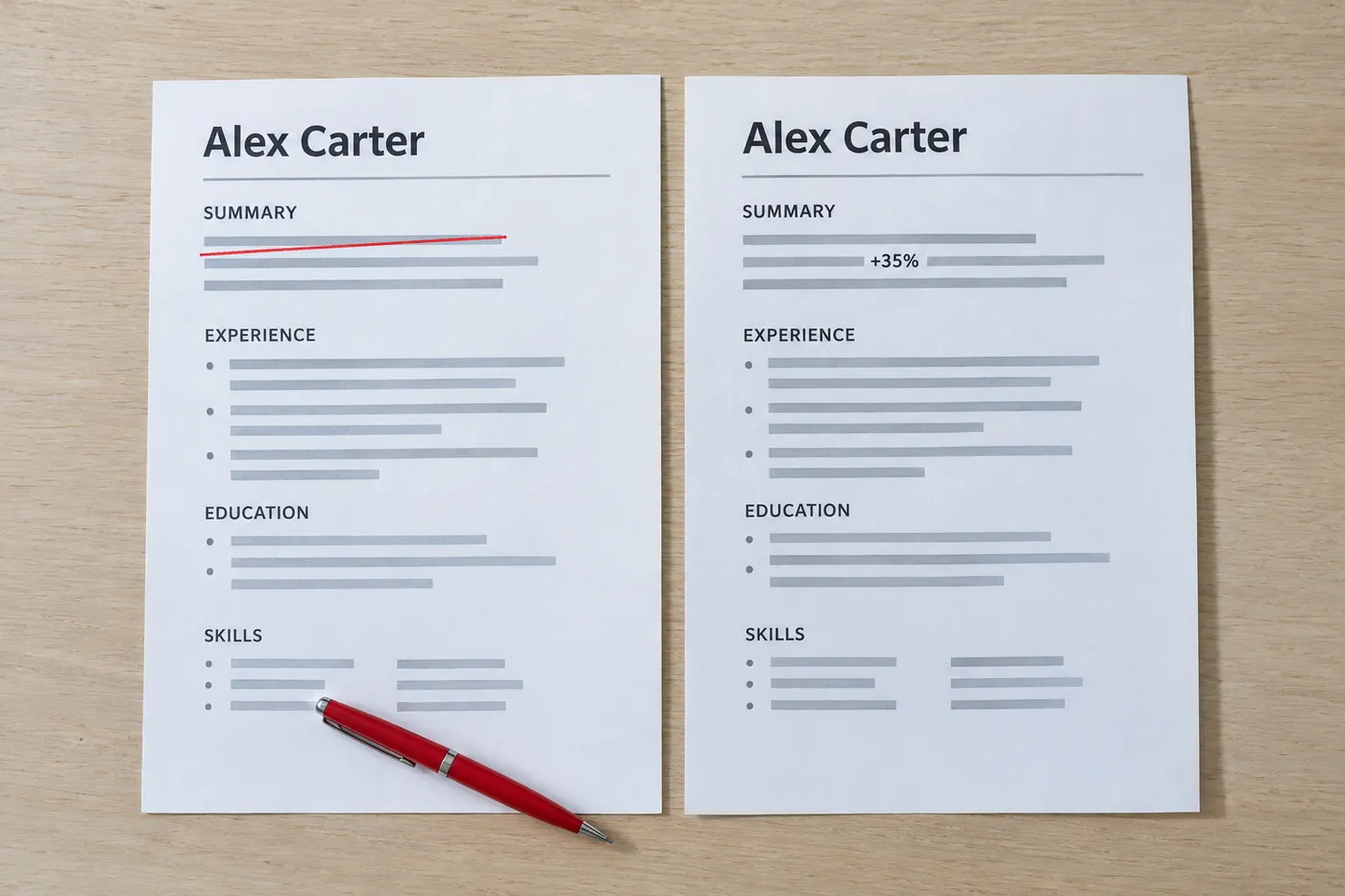 Two resume drafts side-by-side, one with a crossed-out summary block and the other showing a specific +35% metric.