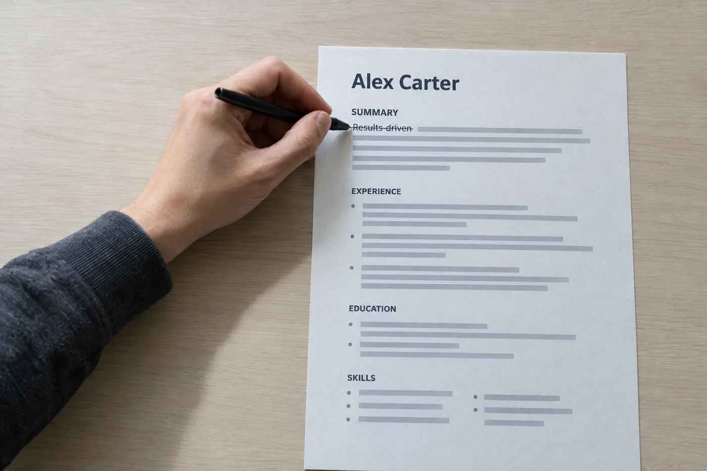 A hand crossing out the buzzword Results-driven on a printed resume, illustrating words to cut from a summary.