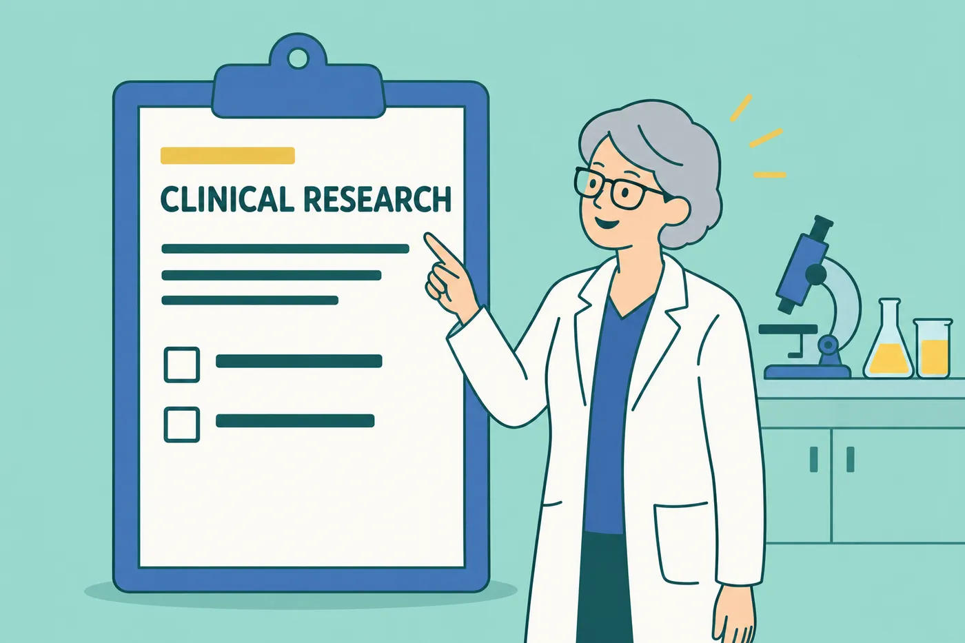 A senior scientist in a lab coat points to a giant resume clipboard headed Clinical Research, for a guide on science resumes.