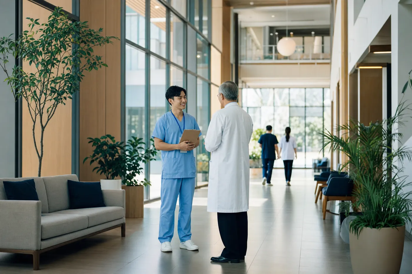 A young healthcare graduate in blue scrubs smiles during a conversation in a bright, modern clinic hallway.
