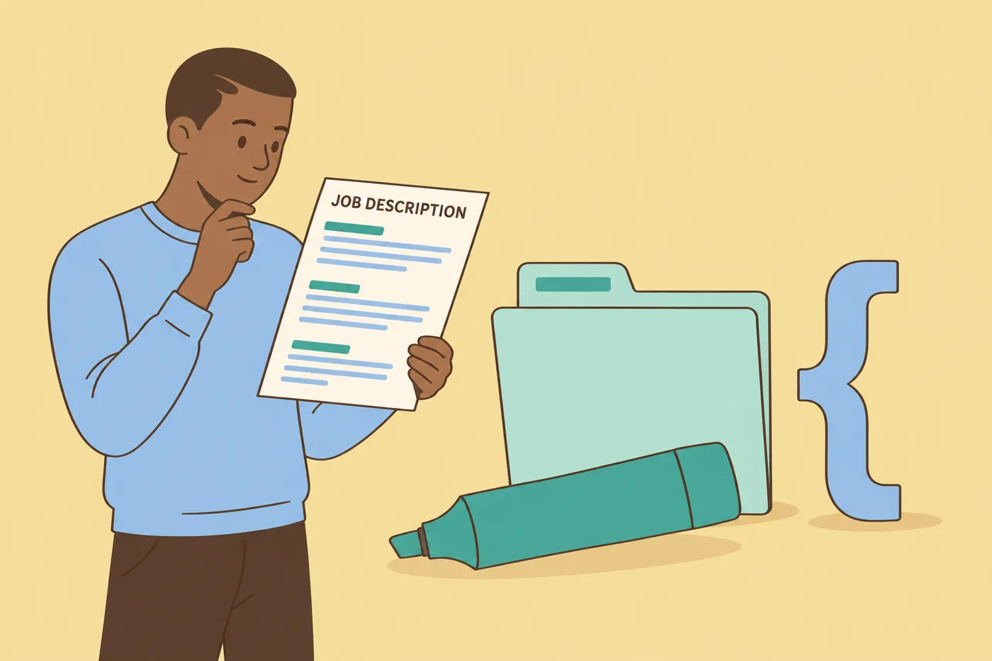 A job seeker analyzes a job description sheet with highlighted lines next to a giant highlighter and folder.