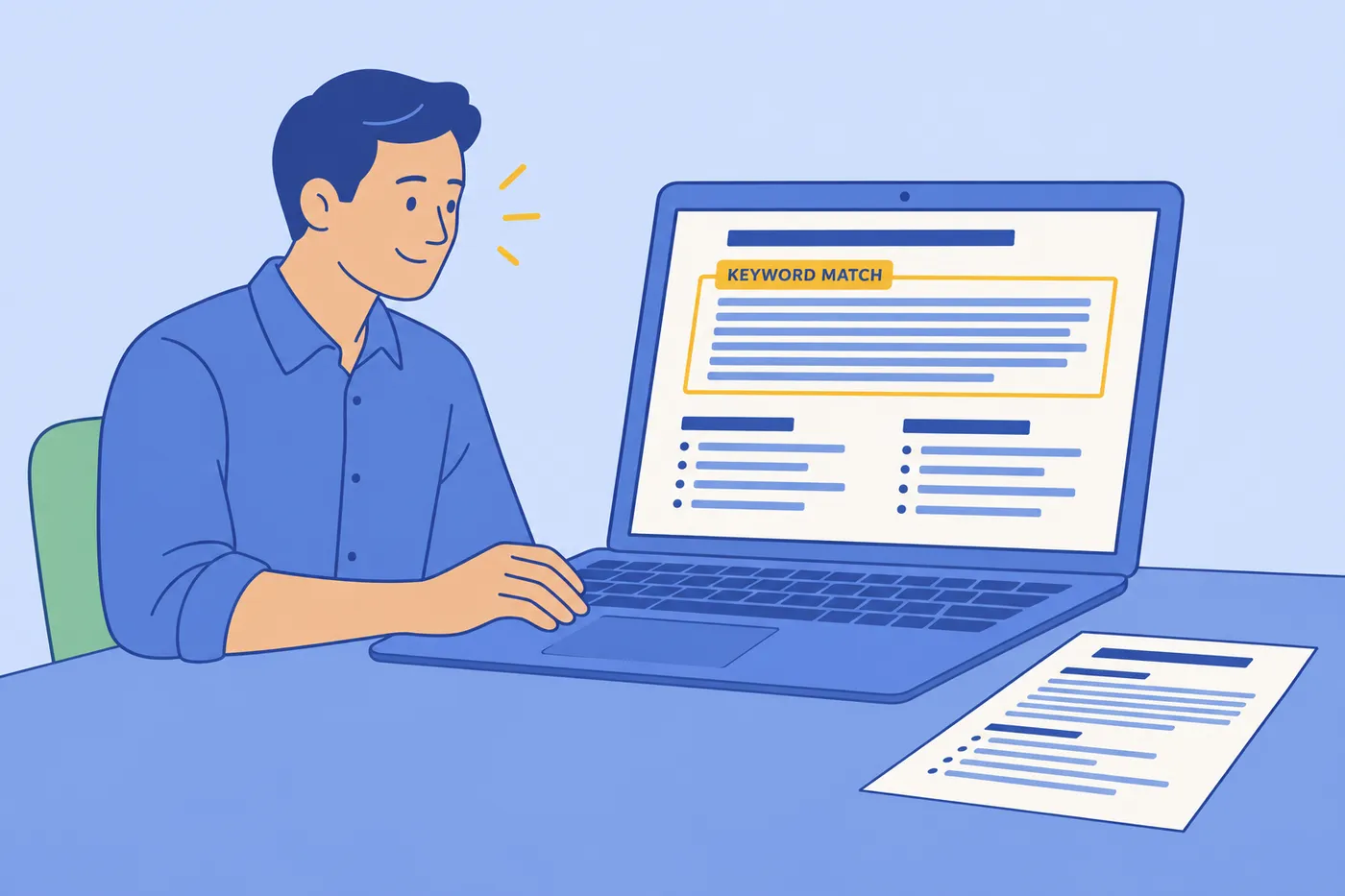 A job seeker watches his laptop screen as an applicant tracking system successfully matches keywords in his resume summary.