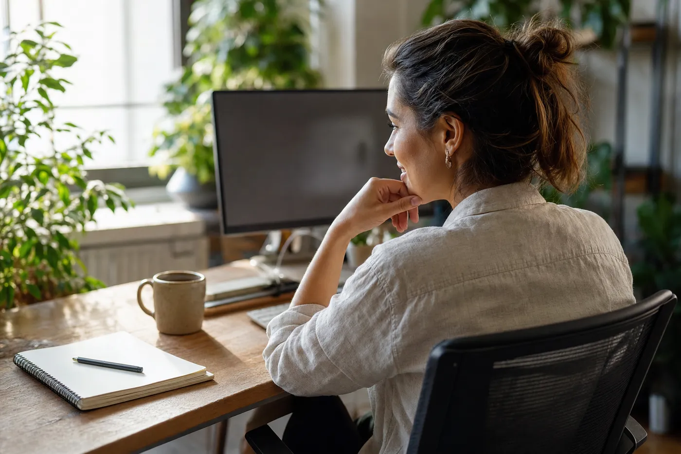 A hiring manager smiles thoughtfully while reviewing a candidate application in a bright, modern office setting.
