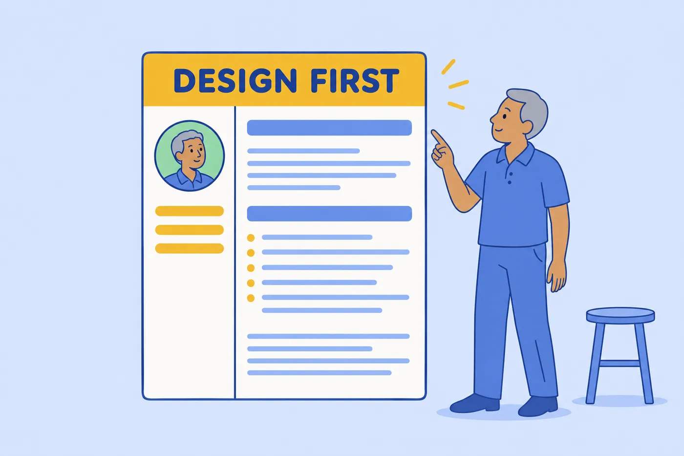 A man points to a giant, beautifully designed two-column resume template, illustrating Enhancv's design-first focus.