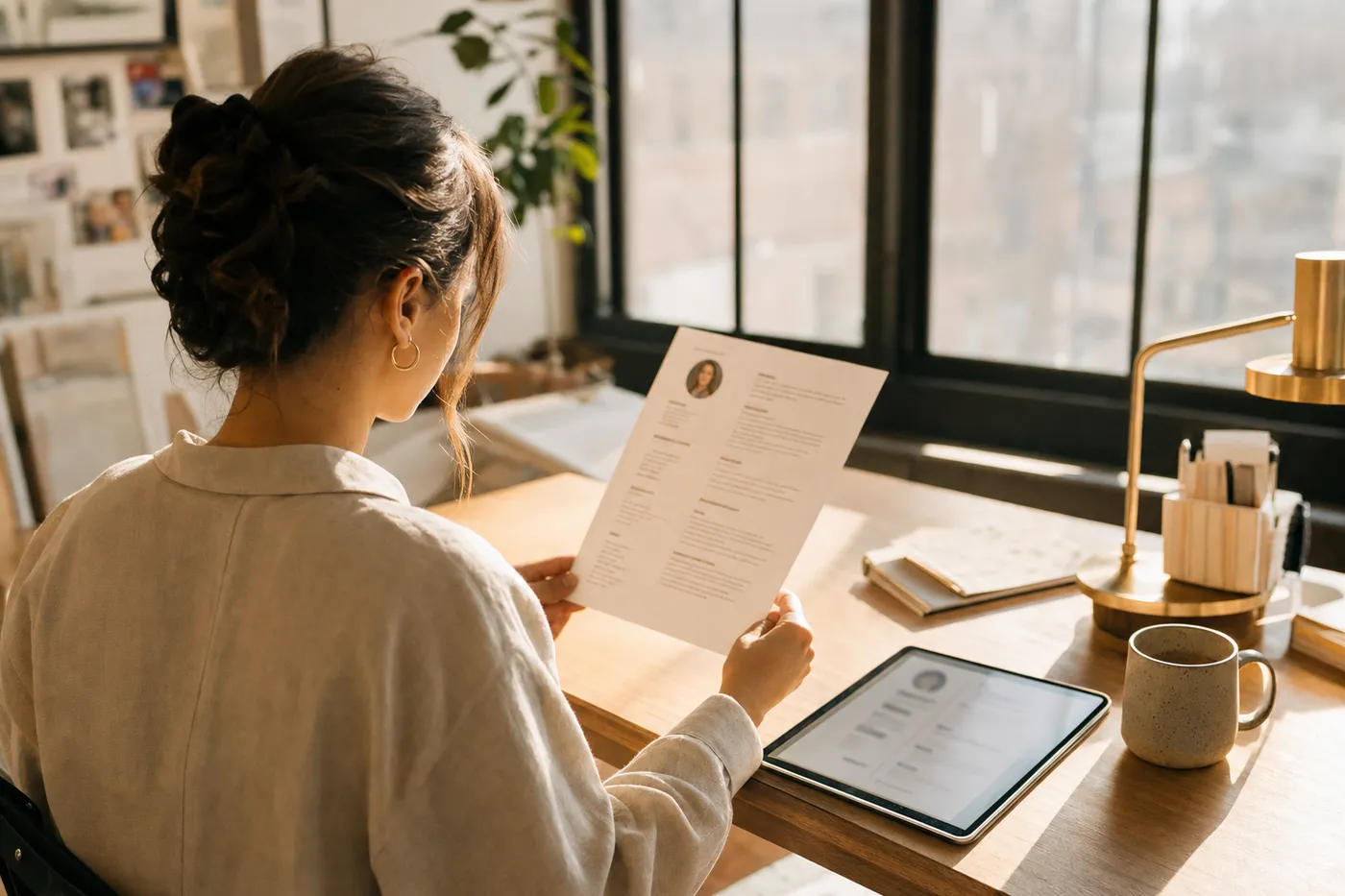 A creative professional reviews a beautifully designed resume layout in a bright, modern studio.