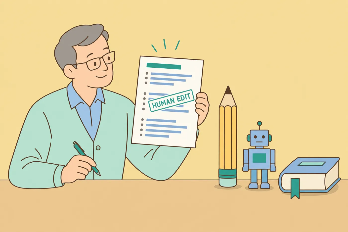 A man reviews a resume stamped with 'HUMAN EDIT' next to a toy robot and a large pencil, showing how to humanize AI writing.